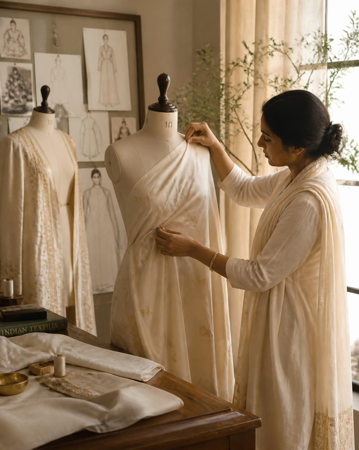 Designer draping silk fabric in the APSARA studio