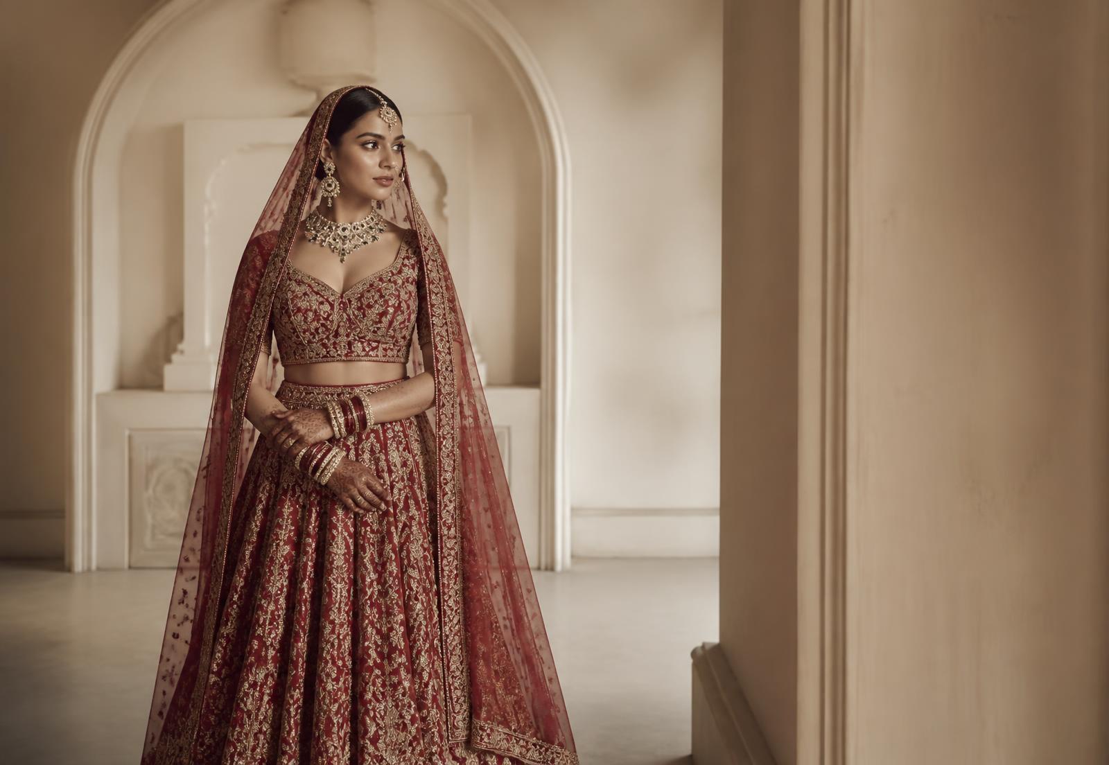 Bride in a hand-embroidered bridal lehenga by APSARA